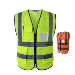 High quality high visibility safety work vests waistcoats fluorescent yellow orange with multi pockets ID pocket chest pocket