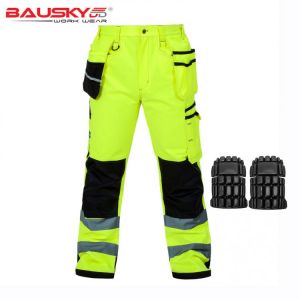 Reflective Men Working Pants High visibility Fluorescent Yellow Multi-pockets Work Trousers With Knee Pads Workwear Cargo Pants