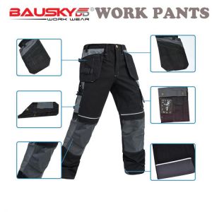 BAUSKYDD MENS MULTI POCKET REFLECTIVE STRIP WORK PANTS TROUSERS FOR WORKING WITH SOFT KNEE PADS MALE PANTS FREE SHIPPING