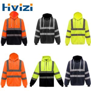 Reflective Stripe Hoodie Men Long Sleeve Zipper Hooded Sweatshirt Spring Autumn Safety Workwear Outwear with Pockets S-XXL