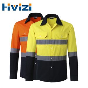 Mens Work Shirt Long Sleeve Safety Work Shirt Reflective Workwear 100% Cotton Orange Navy Safety Shirts With Reflective Stripe