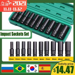 10Pcs 1/2Inch Drive 6-Point Impact Socket Set Metric Sizes 10-24mm Carbon Steel with Hard Storage Box Hand Tools Set Sockets