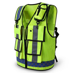 Protective Front Zipper High Visibility Safety Vest With Reflective Strips Working Adjustable Sport Device Multi Pockets Cycling