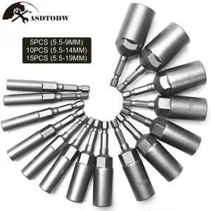 5/10/15Pcs 80mm Length Deepen Power Nut Driver Drill Bit Set 5.5-19MM Impact Socket Adapter for Power Tools 6.35MM Hex Shank