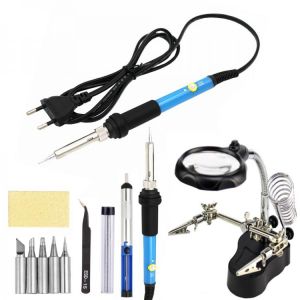 60W/80W Adjustable Temperature Electric Soldering Iron 220V 110V Soldering Iron Accessories Magnifying Glass Set