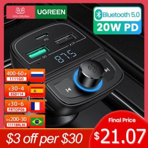 Ugreen Quick Charge 4.0 3.0 Car Phone Charger 20W PD Charging Bluetooth 5.0 FM Transmitter USB Car Charger Kit Audio MP3 Player