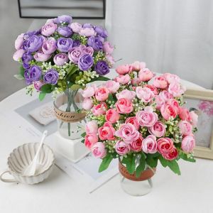 Artificial Flowers Simple 10 Heads  Bouquet Rose Silk High End Wedding Party Bride Home Table Plant Decoration Single Branch