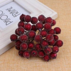 40pcs Mini Christmas Frosted Artificial Berry Vivid Red Holly Berries Christmas Tree Decorative Artificial Flowers Double Heads