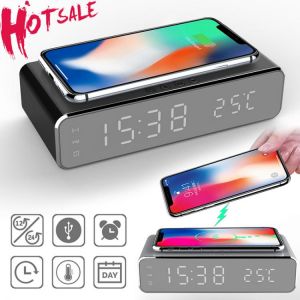 LED Electric Alarm Clock Charging Pad Digital Thermometer Clock HD Mirror Clock with Phone Wireless Charger and Date