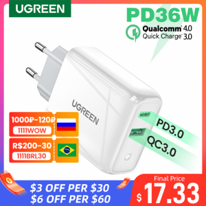 Ugreen 36W Quick Charge 3.0 4.0 USB PD Charger QC 3.0 Charger for iPhone 13 12 8 Phone Wall USB Type C Charger for Huawei Xiaomi