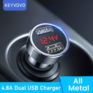 Metal Dual USB Car Charger 4.8A 24W Fast Charge For iPhone Xiaomi Samsung Huawei Phone Digital Display Voltage Monitoring