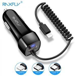 RAXFLY Charger for Cigarette Lighter With Spring USB Cable 10W USB Car Charger For iPhone Lighting Cables Micor USB Type C Cable