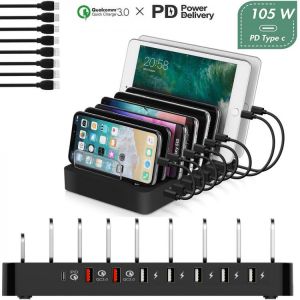 100W Multi USB Charger Station 8 Port For iphone 12 Pro Max Samsung Xiaomi Laptop PD Type C QC 3.0 Fast Charging HUB US UK Plug