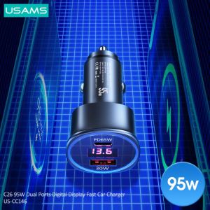 USAMS 95W High Power Fast Charging Aluminum Alloy Car Phone Charger For iPhone Xiaomi Huawei Laptops Tablets QC PD 3.0 Charger