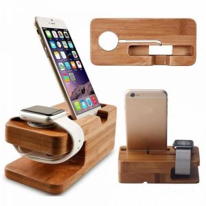 2 in 1 Bamboo Wood Desktop Stand for iPhone iPad Tablet Phone Stand Holder Charger Charging Dock Station for Apple Watch