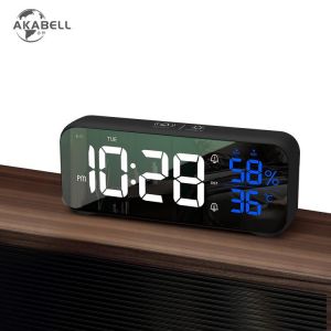 AKABELL 5th Gen Mirror Alarm Clock LED Music Wall Digital Clock Time Temperature Humidity Display USB Rechargeable Table Clock