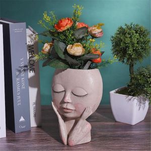 Resin Flower Vase Statue Planters Pots Ornaments Creative Opening Eyes Face Head Plant Pot Home Garden Decor Sculpture Supplies