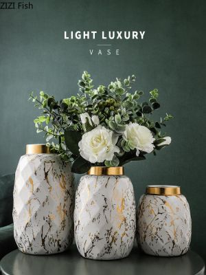 European Gilded Ceramic Vase Marble Pattern Countertop Living Room Furnishings Flower Arrangement Fresh Flowers Hydroponic Vase