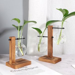 Creative Wooden Frame Hydroponic Plant Glass Vase Glass Vase Creative Potted Decoration Living Room Desktop Decoration Vase