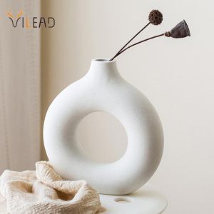 VILEAD Nordic Donuts Ceramic Vase Round Hollow Plant Pot Home Decor Dried Flower Art Desk Office Living Room Desktop Decoration