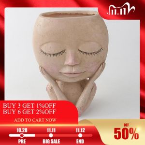 Girls Face Head Figurine Flower Pot Succulent Plant Resin Pots Garden Plant Growing Flowerpot Home Tabletop Decorative Ornaments