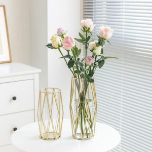 Luxury Transparent Glass Vases With Metal Golden Small Vase Geometric Hydroponic Vase Home Room Flower Decoration Ornaments