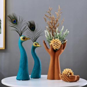 European Peacock Ceramic Vase Hand Statues Wedding Ornaments Decor Fengshui Home room Table Flowers Arrangement Figurines Crafts