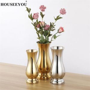 Modern Fashion Silver Gold Plating Tabletop Vases Ornaments Crafts Decorative Stainless Steel Vase Metal Flower Pot Flowerpot