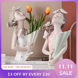 Modern Decorative Artificial Flower Vase  Butterfly Girl Sculptures Interior Home Resin Ornaments Household Decoration Vases Hot