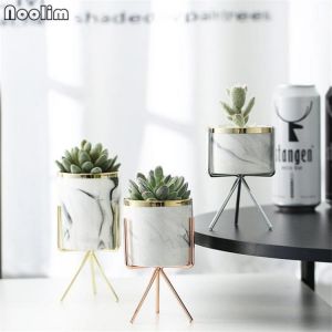 Nordic Marble Pattern Vase Ceramic Iron Art Vase Rose Gold Silver Tabletop Green Plant Flower Pot Home Office Decorative Crafts