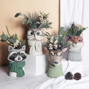 Flower Vase Animal Head Statue Figurine Ornaments Artificial Flower Vases Holder Living Room Home Cafe Shop Flowerpot Sculpture