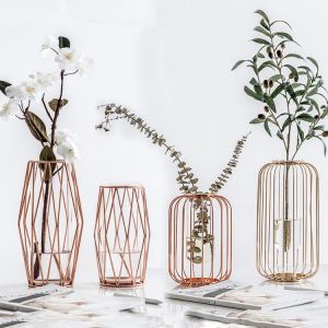 Nordic Lantern-shaped Iron Art Glass Vase Gold Plated Flower Vase Tabletop Vase Flower Pot Home Wedding Decoration