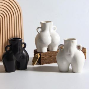 Nordic Home Decor Creative Buttocks Vases White Black Ceramic Female Body Art Vase Handmade Flower Arrangement Container 2021