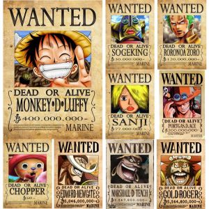 A3 and A4 New Anime Poster One Piece Luffy Wanted Poster Zoro Nami Franky Boa Law Stiker Vintage Kraft Paper Wall Decor