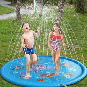 100cm Kids Inflatable Round Water Splash Play Pool Playing Sprinkler Mat Yard Outdoor Fun Multicolour PVC Material Pools