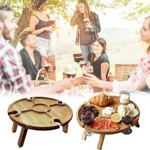Wooden Folding Picnic Table Portable Outdoor 2 In 1 with Wine Glass Holder Stemware Storage Rack Camping Table Garden Furniture