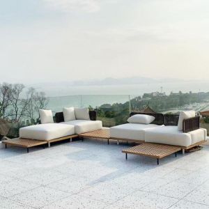Outdoor sofa teak villa leisure combination rattan chair solid wood tea table garden courtyard model room furniture