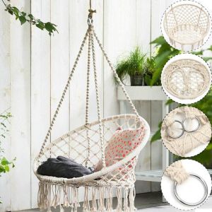 Nordic Style Hammock Swing Chair Hanging Kit Indoor Outdoor Beige Cotton Knitting Garden Tassels Rope Swing Balcony Chair