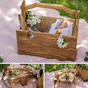 Folding Picnic Table 2in1 Multifunctional Wood Desk Storage Basket Portable Outdoor Snack and Wine Basket for Beach Camping