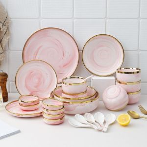 Marble Powder Gold Rim Inlay Set Simple Exquisite Household Ceramic Mixing Bowl Tableware Plate Large Soup Noodle Bowl Vintage
