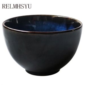 1PC Japanese Style Blue Ceramic 5.5Inch Rice Bowl Salad Bowl Household Rice Bowl Big Soup Bowl  Retro Restaurant Dinnerware