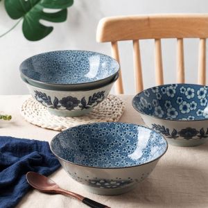 8 inch Japanese Blue Ceramic Retro Large Household Soup Bowl Noodle Bowl Creative Personality Tableware Set  Kitchen Dinnerware
