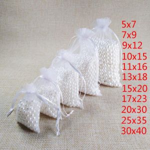 100pcs/lot White Drawstring Organza Bags 7x9 9x12 10x15 13x18 15x20cm Wedding Birthday Party Jewelry Gift Packaging Bags Pouches