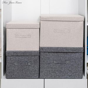 2021 New Washable Cotton Linen Fabric Folding CD Storage Box Foldable Bins Toys Organizer With Lid Storage Basket Laundry Basket