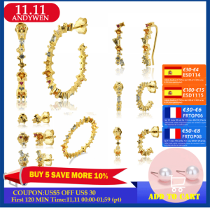 ANDYWEN 100% 925 Sterling Silver Rainbow Zircon CZ Big Hoops Circle Earring Round Piercing Pendiente Climber European Jewelry
