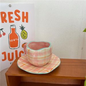 Cutelife Nordic Pink Plaid Ceramic Coffee Cup Set Irregular Decorative Home Breakfast Milk Tea Cup Kitchen Reusable Drinking Cup