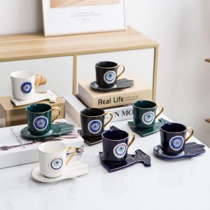 Turkish Blue Eyes Luxury Coffee Cup Saucer Set with Hand and Clothe Shape Dish Ottoman Cup Boonido Coffee Cappuccino Cup 200ml