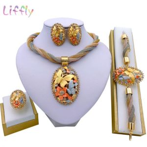 African Jewelry Charm Necklace Earrings Dubai Gold Jewelry Sets for Women Wedding Bridal Bracelet Ring Pendant Jewelry Set