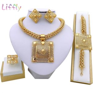 Liffly Dubai Gold Jewelry Sets for Women Big Necklace African Beads Jewelry Set Nigerian Bridal Wedding Costume Jewelry
