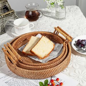 Hand-woven Rattan Round Basket Tray with Handle Bread Fruit Food Storage Platters Plate for Breakfast Drink Snack Coffee Tea
